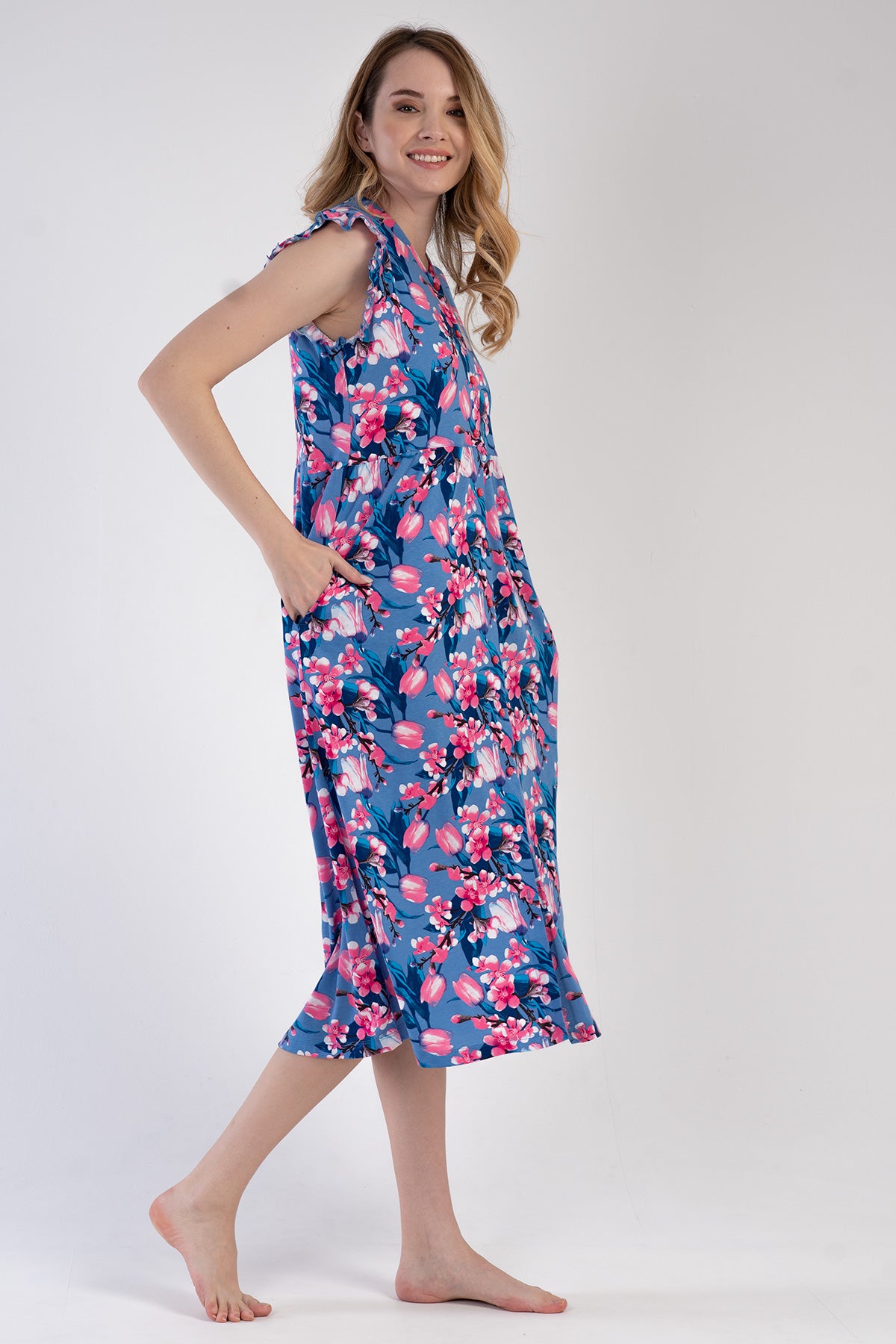 Woman Modal Denim Ruffled Sleeve Dress