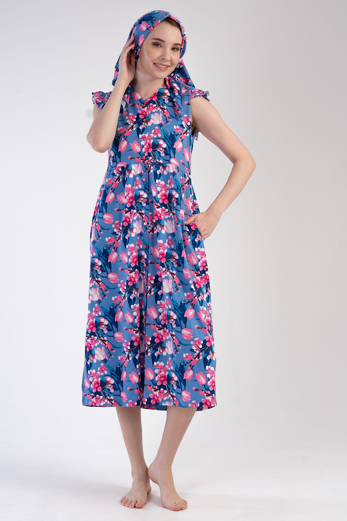 Woman Modal Denim Ruffled Sleeve Dress