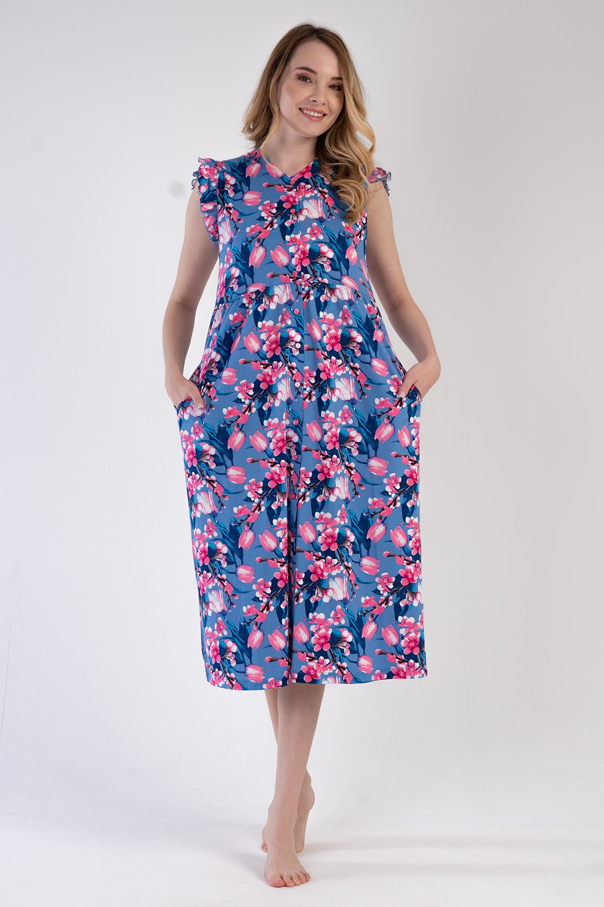 Woman Modal Denim Ruffled Sleeve Dress