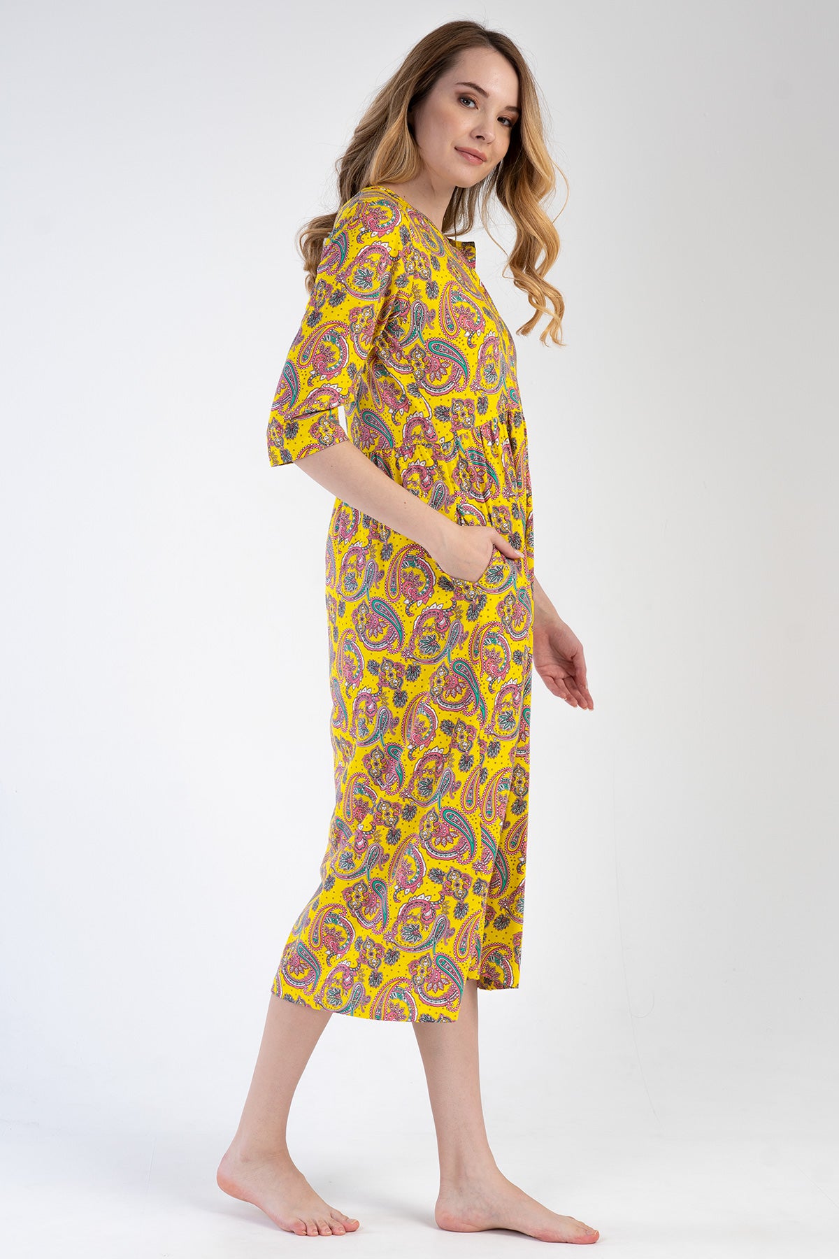 Woman Modal Yellow Short Sleeve Dress