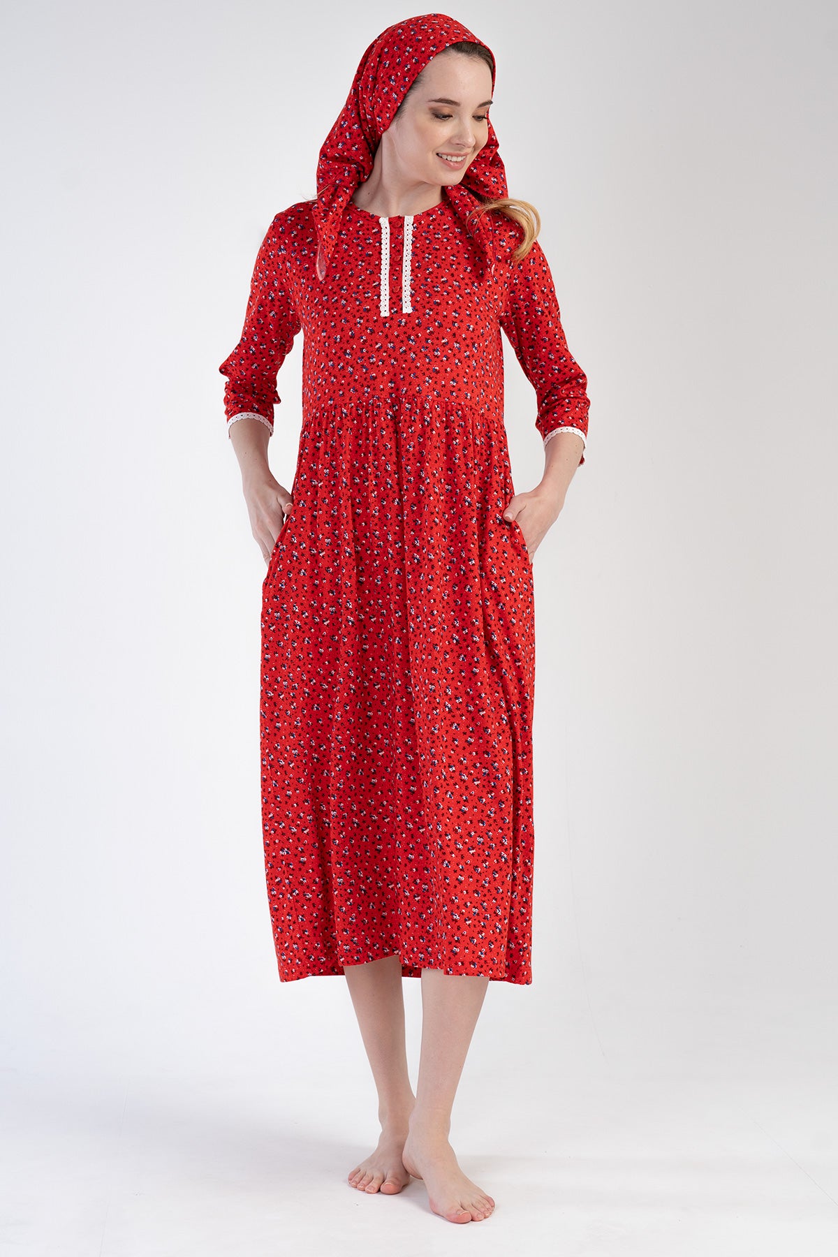 Woman Modal Red Poor Sleeve Pocket Detail Dress