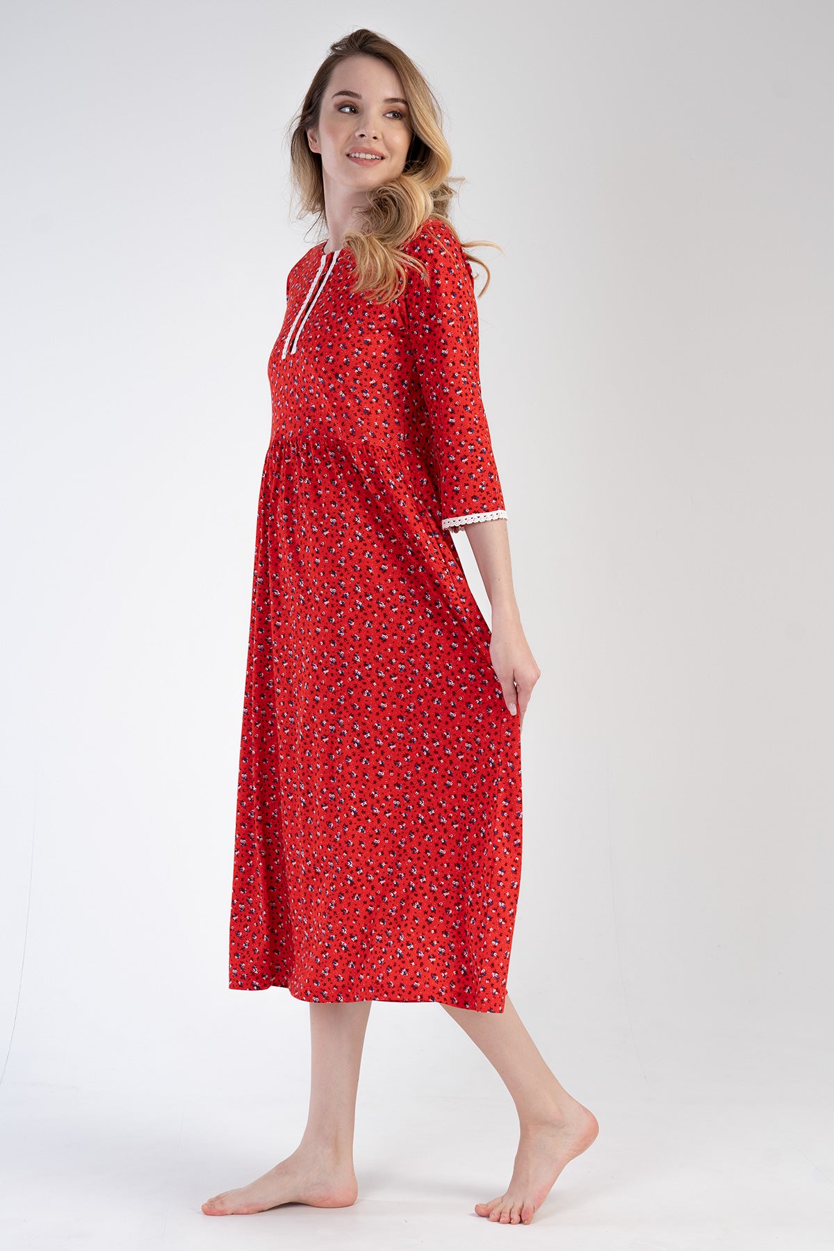 Woman Modal Red Poor Sleeve Pocket Detail Dress