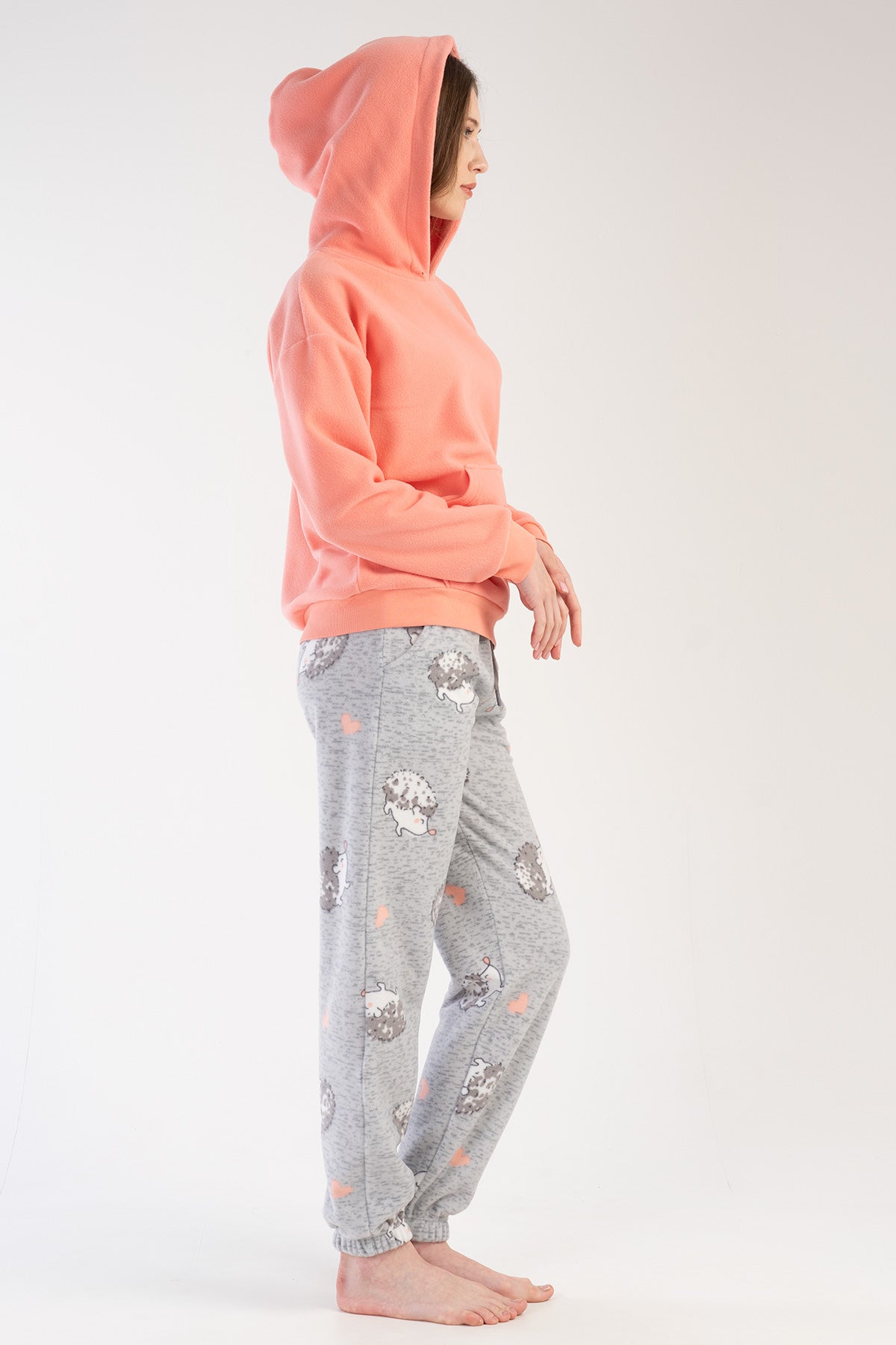 KADIN POLAR KAPSONLU DUSUK OMUZLU UZUN KOL KANGURU CEPLI MANSETLI PACASI BUZGULU CEPLI PIJAMA TAKIM