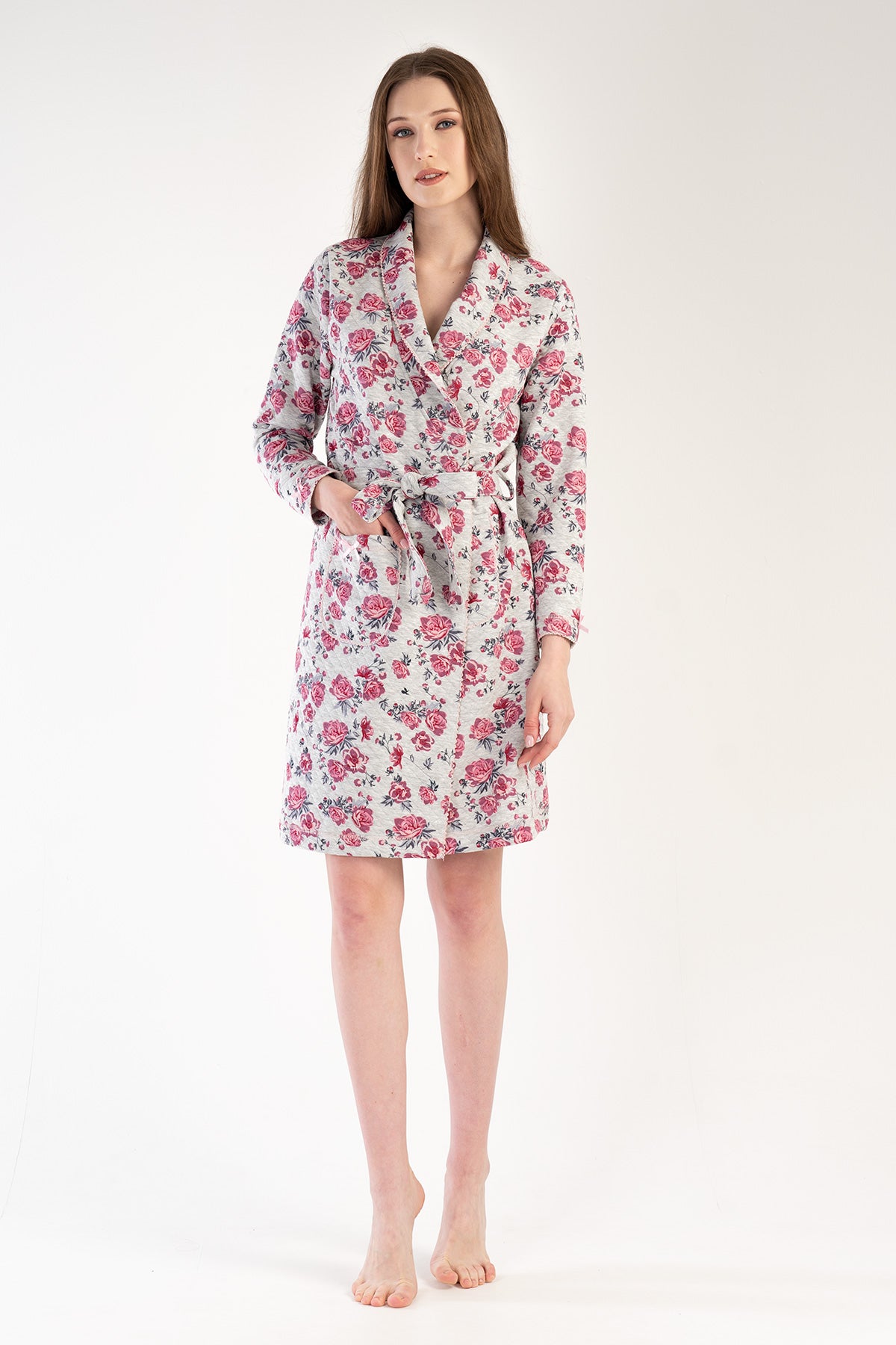 Woman Quilting Flowy Dressing Gown