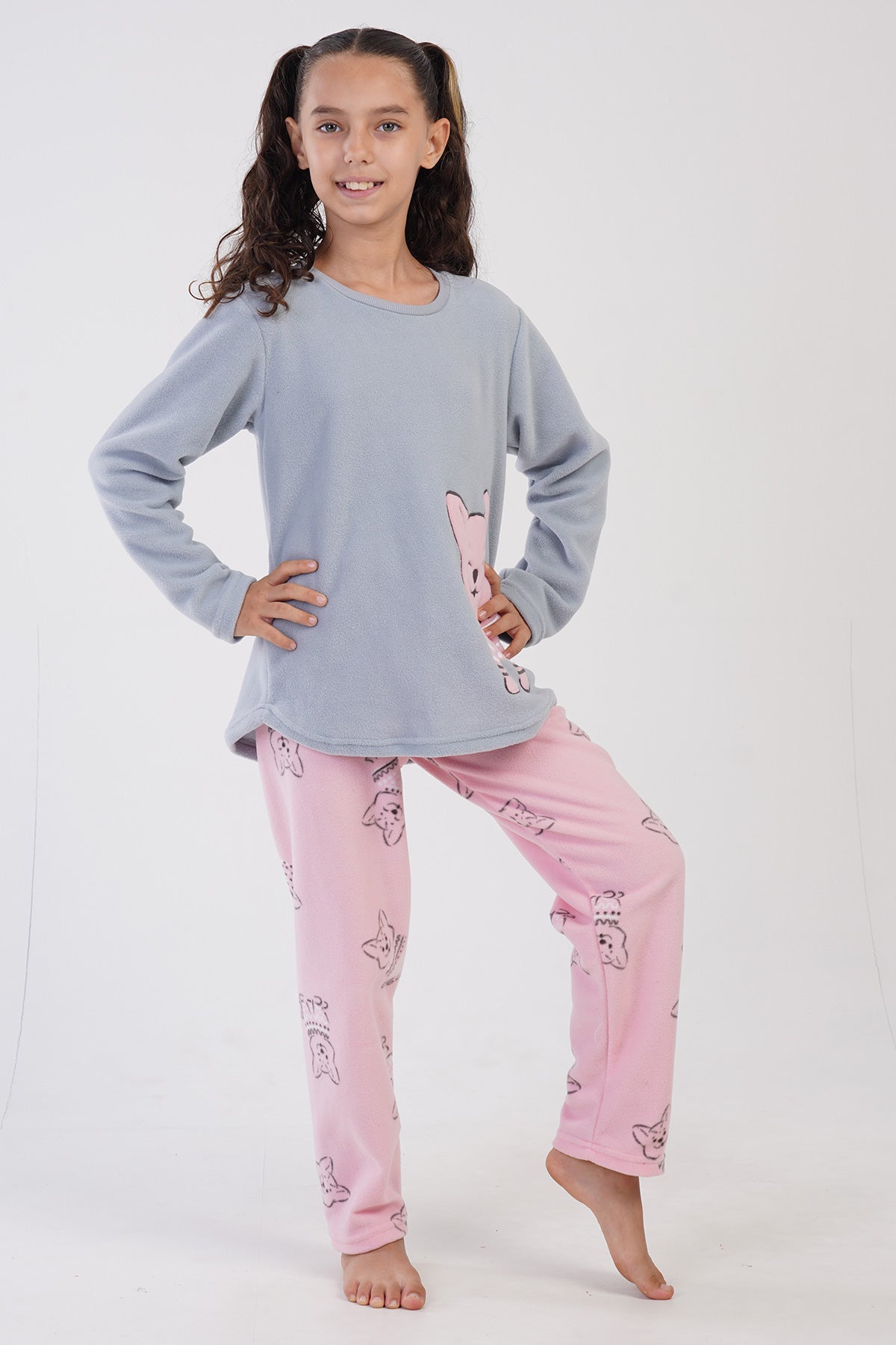 KIZ COCUK POLAR O YAKA UZUN KOL ETEGI OVAL PIJAMA TAKIM(7-8/13-14)