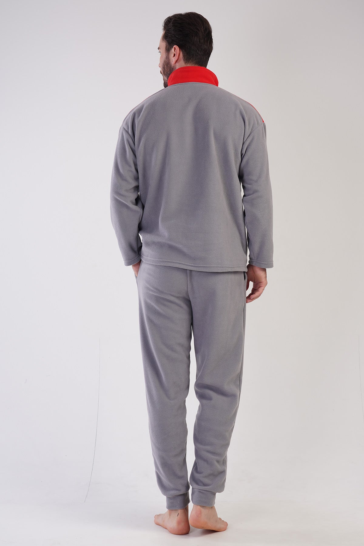 CEPLI ERKEK POLAR YAKALI DUSUK OMUZLU UZUN KOL FERMUARLI MANSETLI CEPLI PIJAMA TAKIM