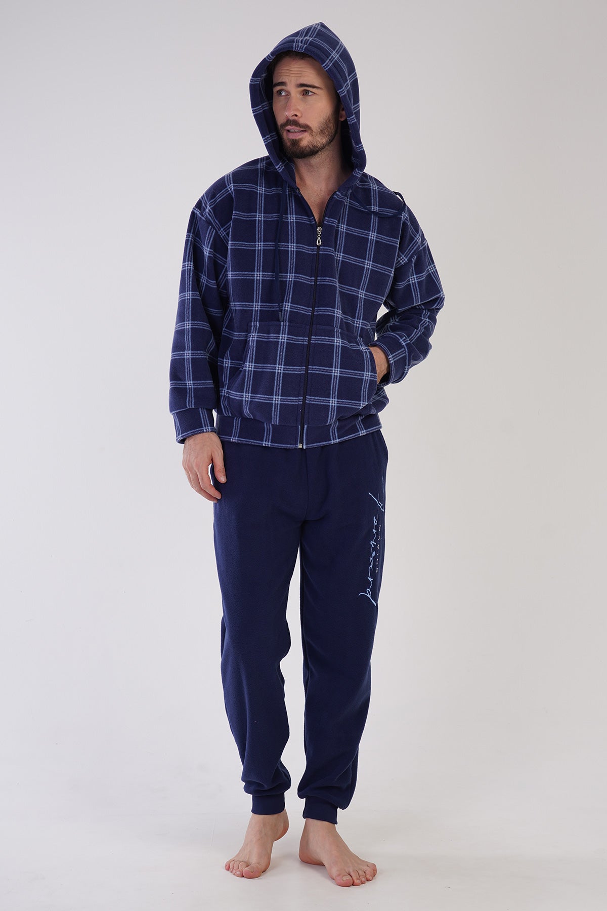 CEPLI ERKEK POLAR KAPSONLU FERMUARLI MANSETLI PIJAMA TAKIM