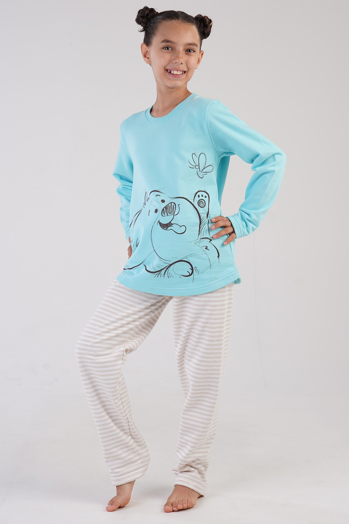 KIZ COCUK 2IPLIK O YAKA UZUN KOL ETEGI OVAL PIJAMA TAKIM(7-8/13-14)