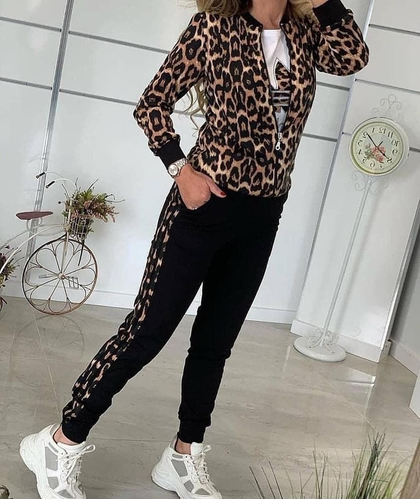 Kadın Uzun Kollu önden Fermuarlı Leopar Desen Detaylı Viskon Iki Iplik Bluz Ve Pantolon Ikili Takım , 30363