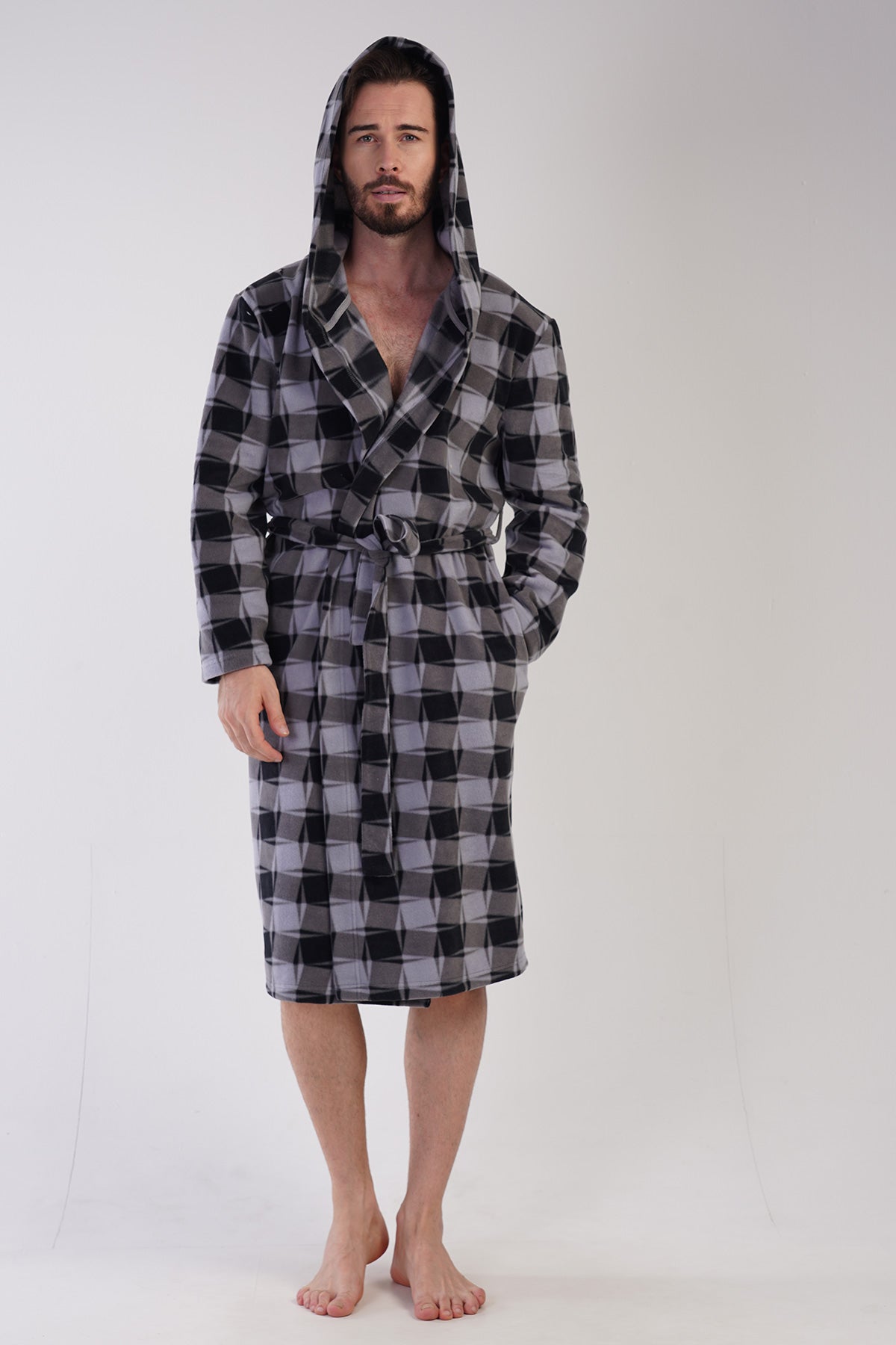 Man Fleece Gray Plaid Dressing Gown