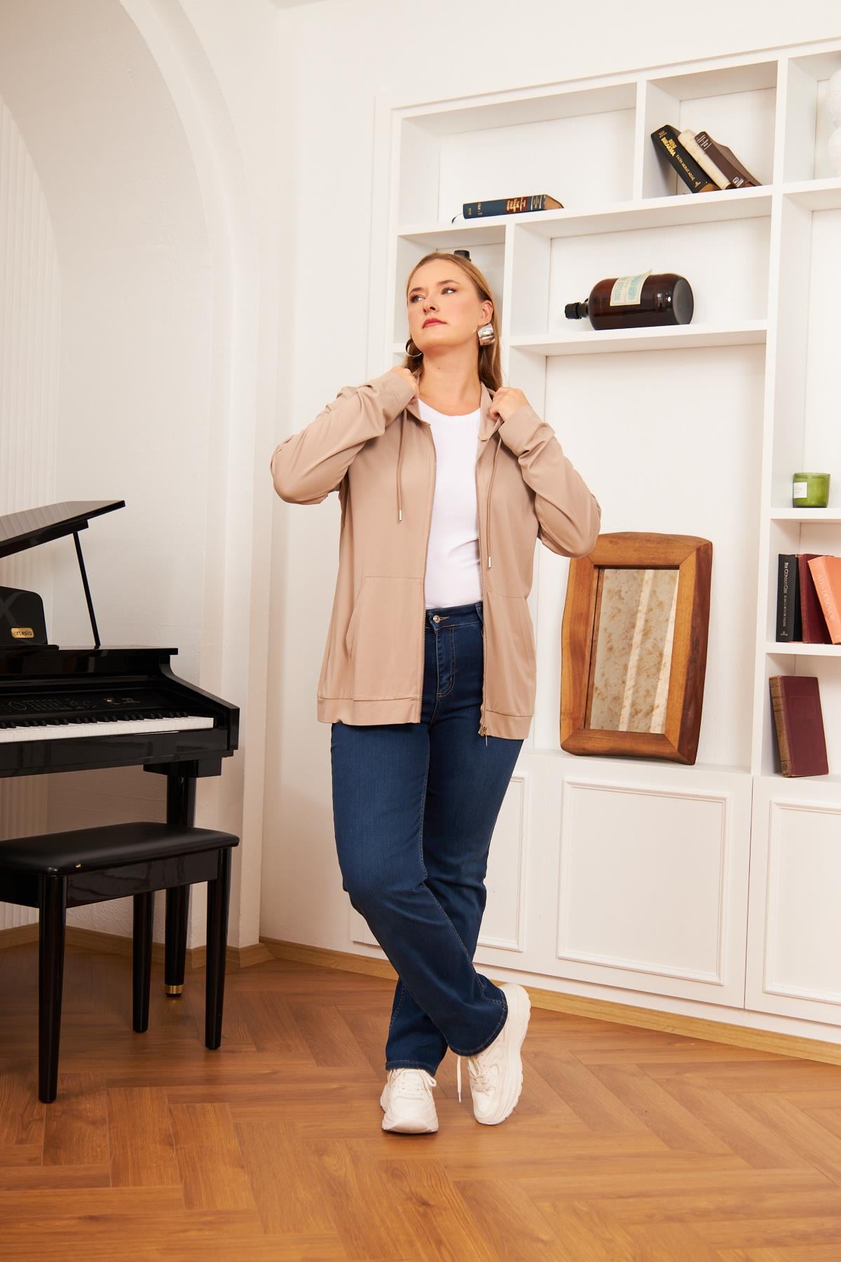Büyük Beden Modal Sweatshirt Hırka Vizon