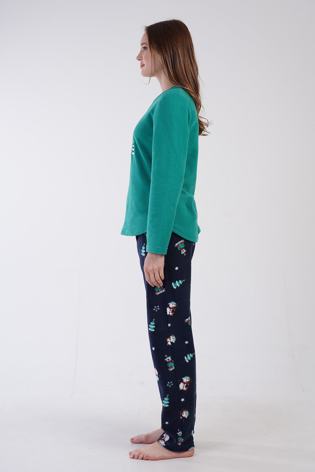 KADIN POLAR O YAKA UZUN KOL ETEGI OVAL CEPLI PIJAMA TAKIM