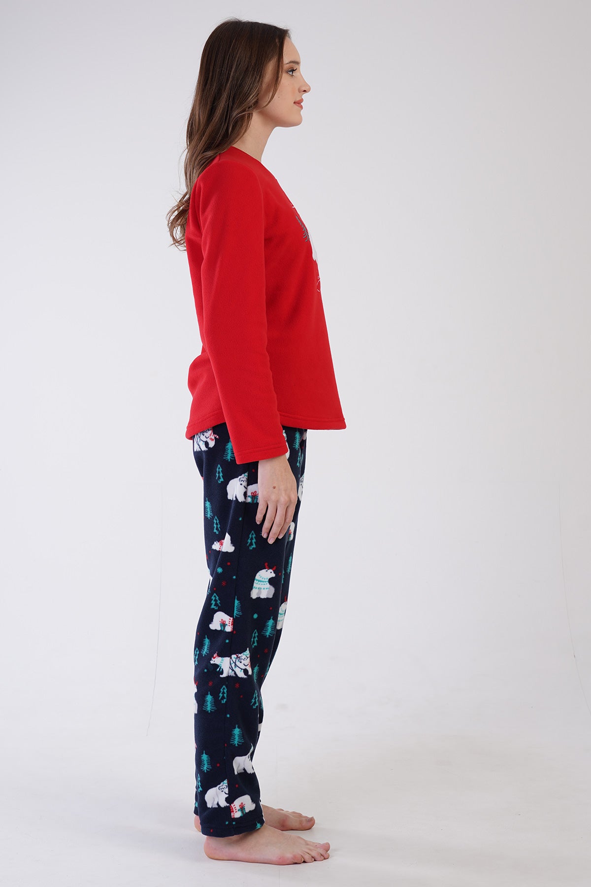 KADIN POLAR O YAKA UZUN KOL ETEGI OVAL CEPLI PIJAMA TAKIM