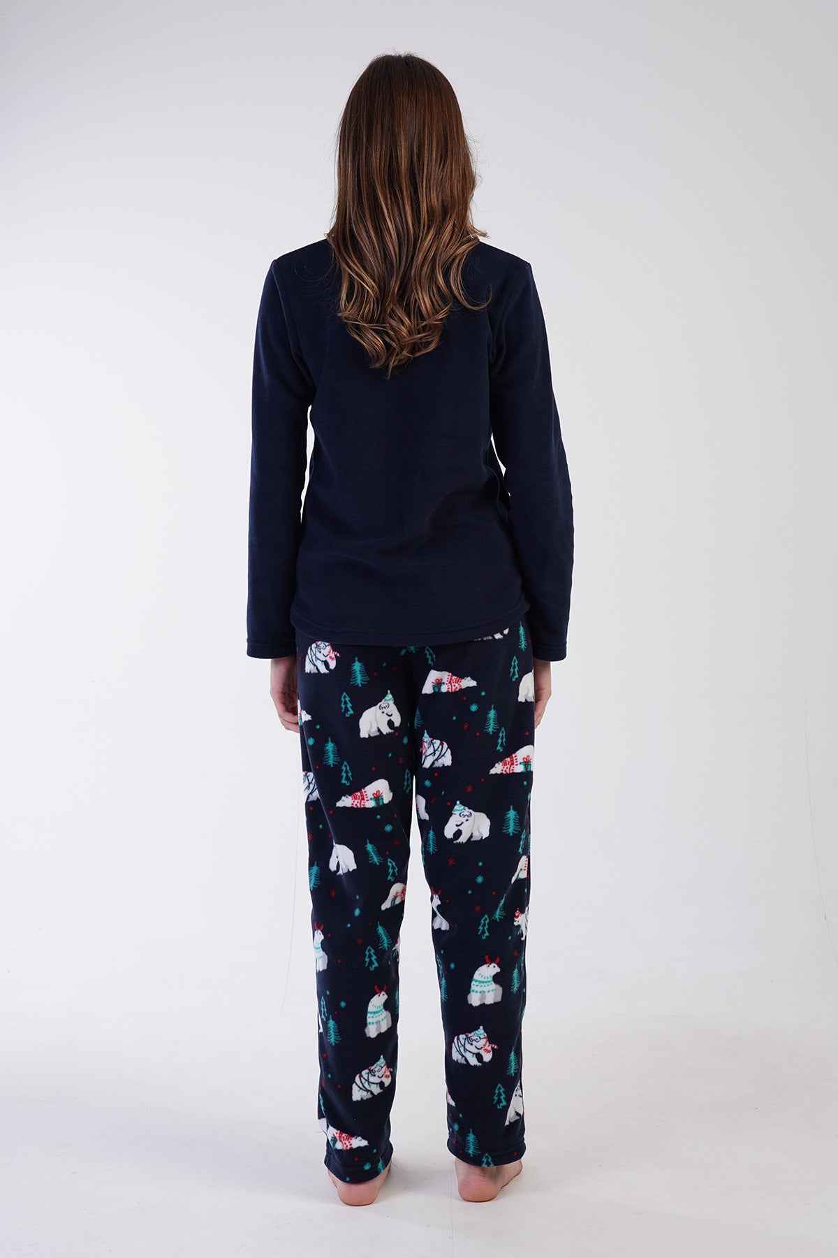 KADIN POLAR O YAKA UZUN KOL ETEGI OVAL CEPLI PIJAMA TAKIM