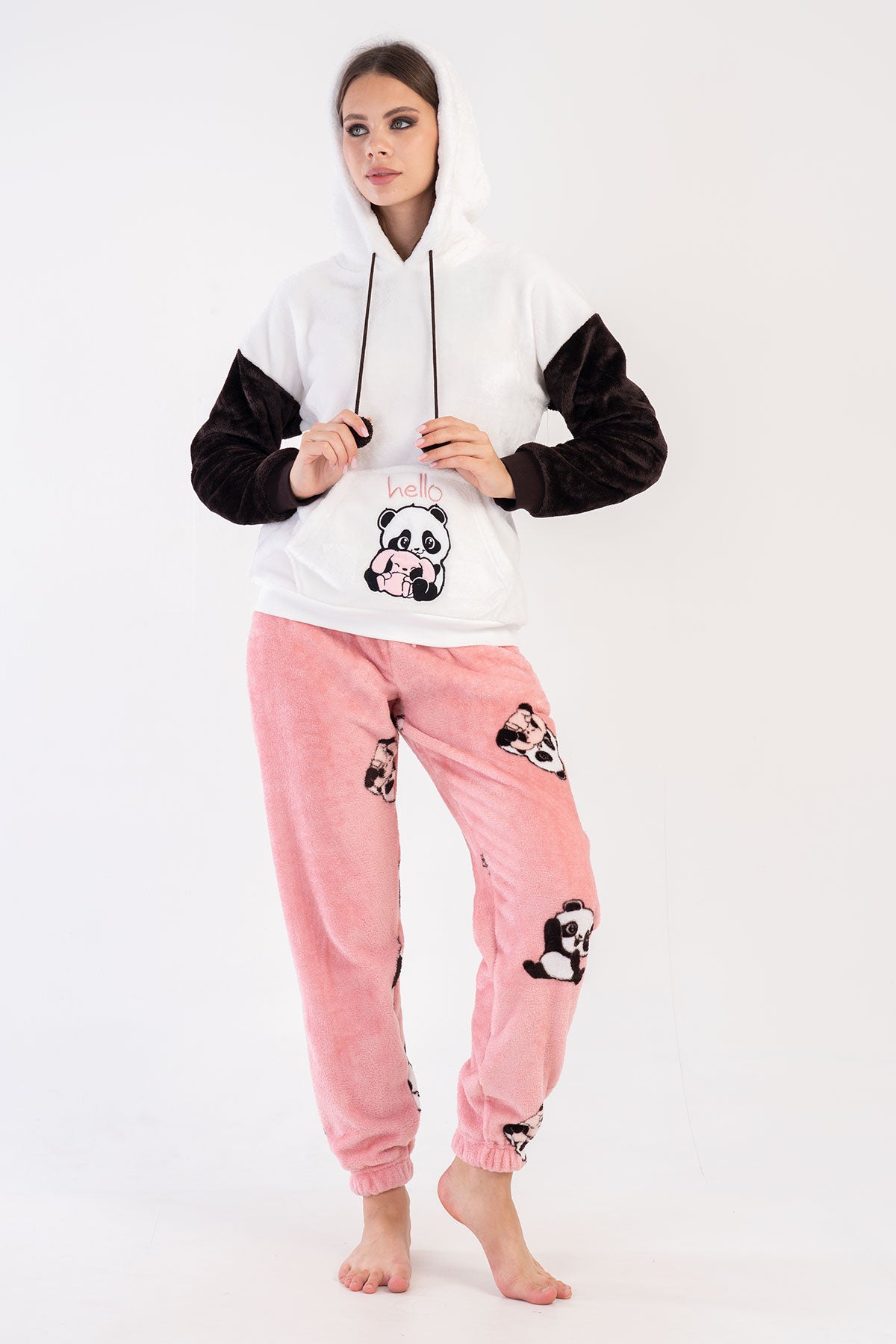 KADIN SOFT KAPSONLU DUSUK OMUZLU UZUN KOL KANGURU CEPLI MANSETLI PACASI BUZGULU CEPLI PIJAMA TAKIM