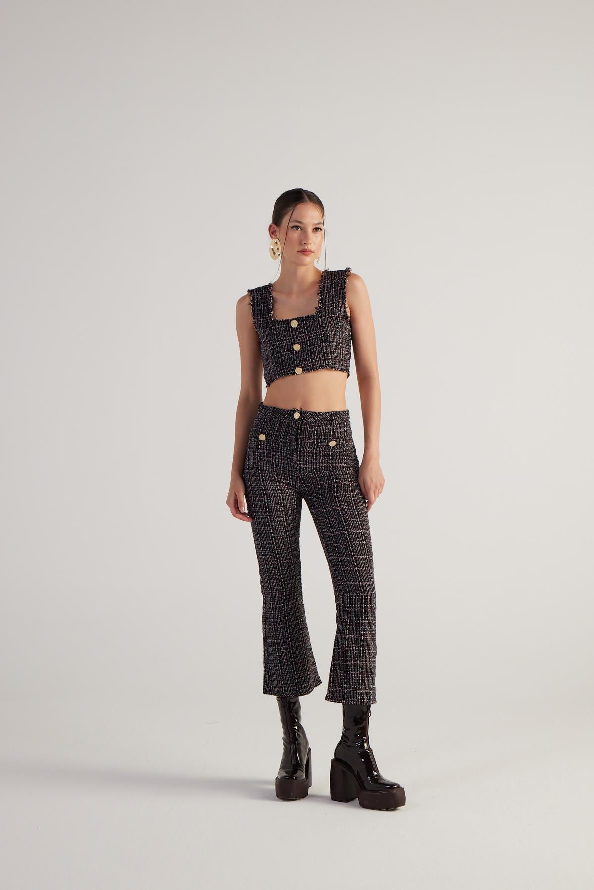 İspanyol Kesim Tüvit Tweed Pantolon Siyah