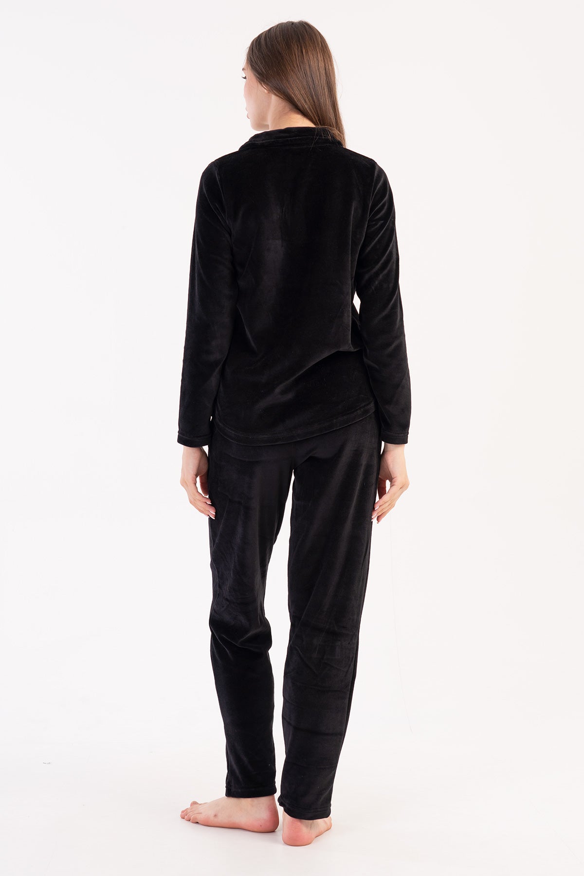 KADIN KADIFE YAKALI YARIM FERMUARLI UZUN KOL ETEGI OVAL CEPLI PIJAMA TAKIM