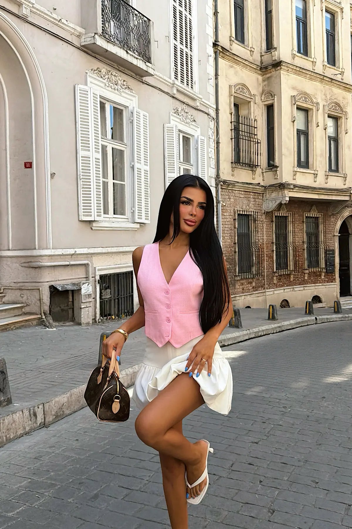Pembe Düğme Düğme Detay Yelek