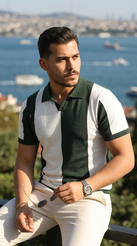 Erkek Kısa Kollu Polo Yakalı Blok Desenli Triko Bluz