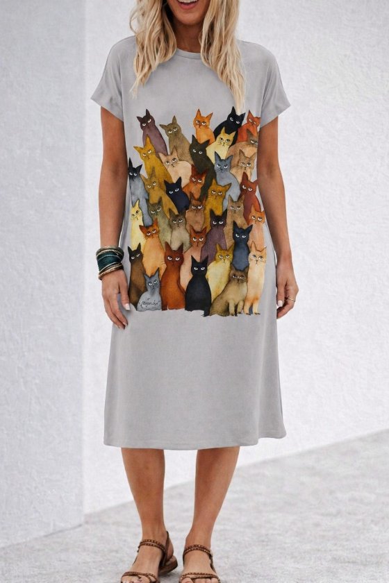 Short-Sleeved Crew-Neck Cat-Print Midi Viscose Dress