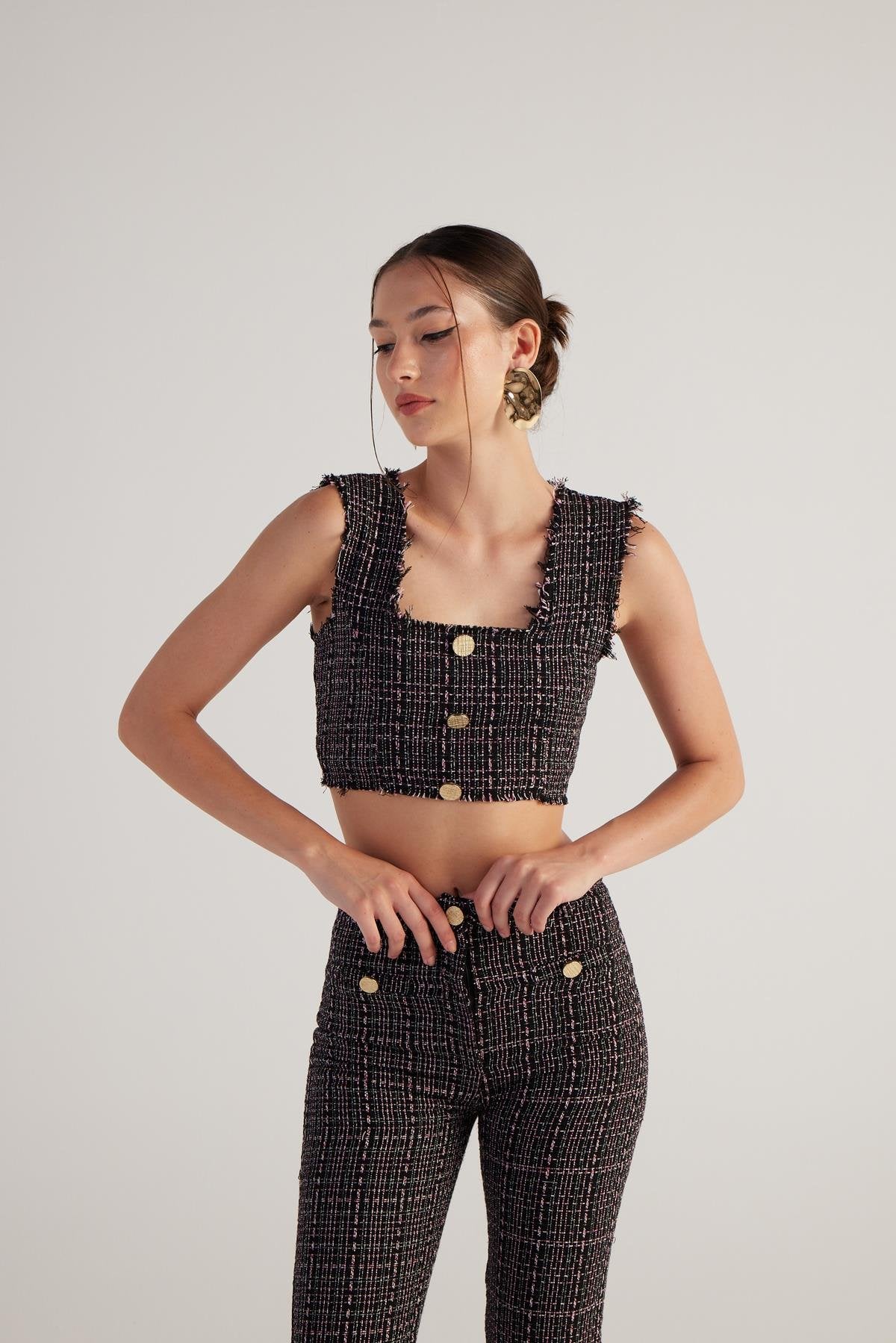 Tüvit Kumaş Crop Tweed Büstiyer Siyah
