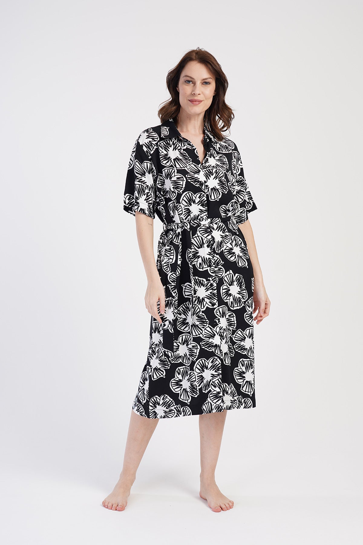 KADIN BELMANDO GOMLEK YAKA TAMAMI DUGMELI DOUBLE KISA KOL UZUN GOMLEK CEPLI TUNIK