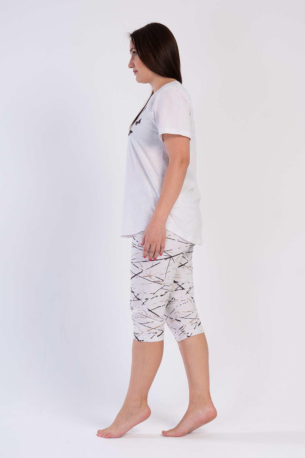 Woman Beige Big Size Supreme O Neck Short Sleeve Capri Set