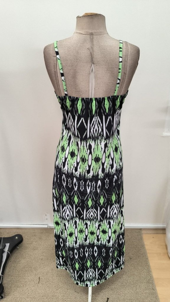 Kadın Ip Askılı V Yakalı Uzun Desenli Süprem Elbise, 35535