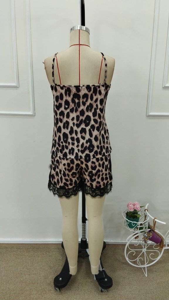 Kadın Askılı V Yakalı Dantel Detaylı Leopar Desenli Süprem Atlet Ve şort Ikili Takım , 31710