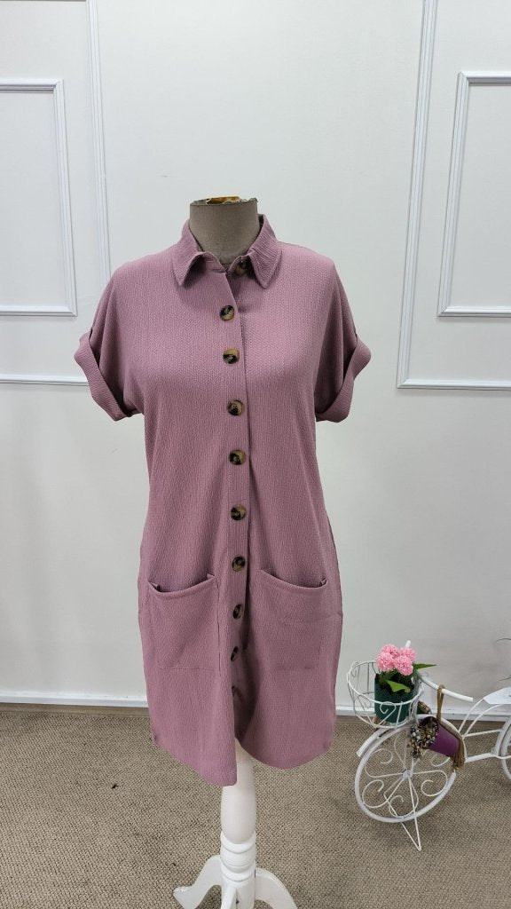 Kadın Kısa Kollu önden Düğmeli Cep Detaylı Mini Bürümcük Elbise , 31928