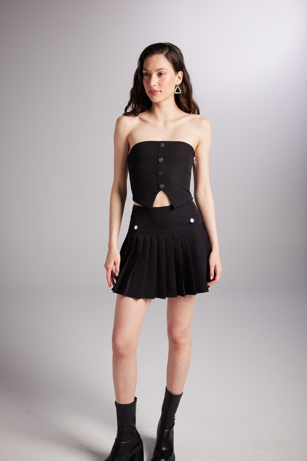 Düğme Detaylı Crop Devon Büstiyer Siyah