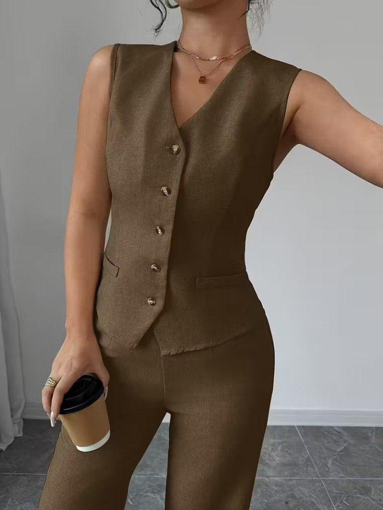Kadın Askılı önden Düğmeli Bluz Ve Pantolon Keten Ikili Takım, 34098