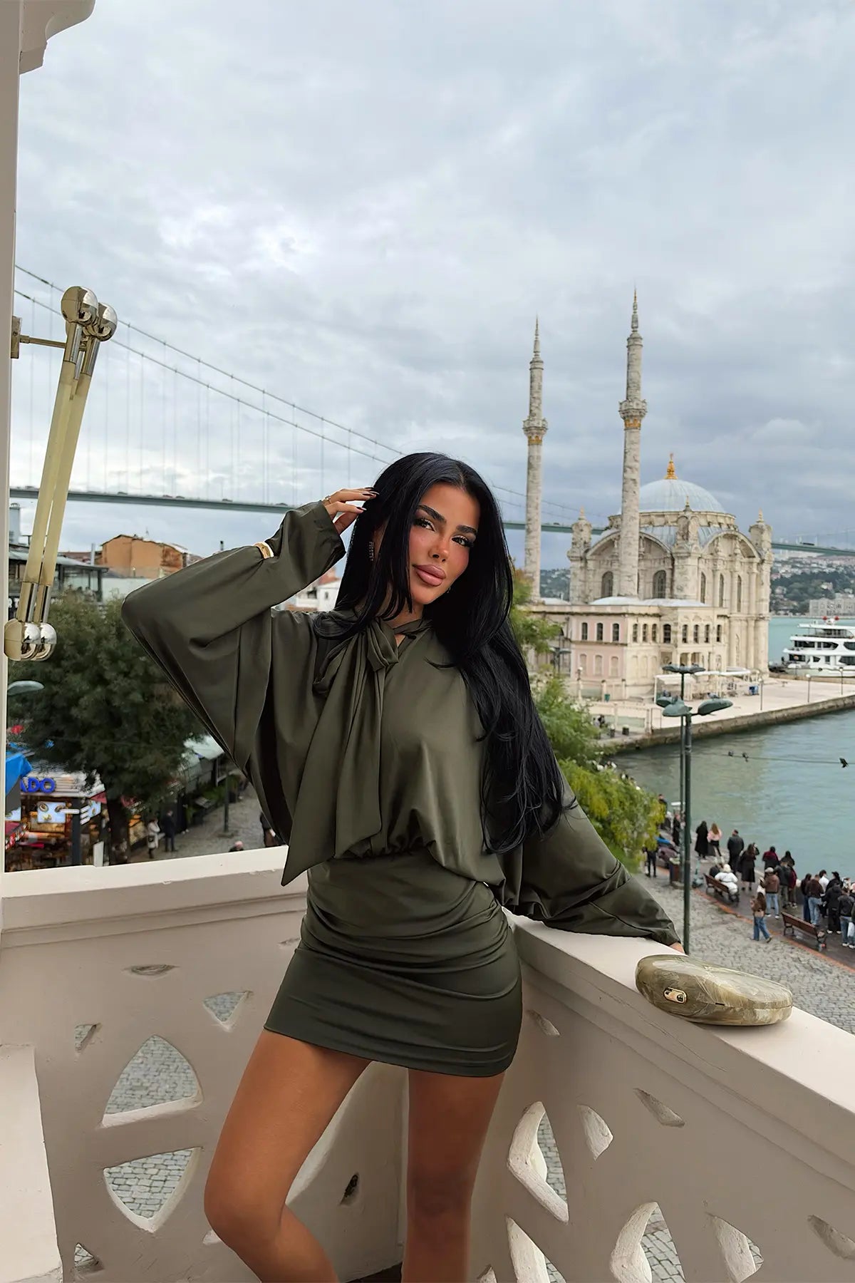 Haki Önden Bağlamalı Elbise