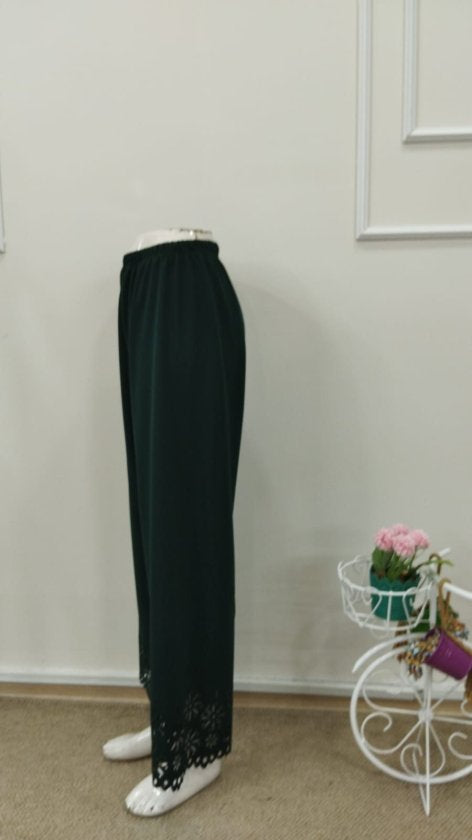 Kadın Yüksel Bel Beli Lastıklı çiçek Desenli Lazer Kesım Detaylı Ithal Krep Pantolon, 32706