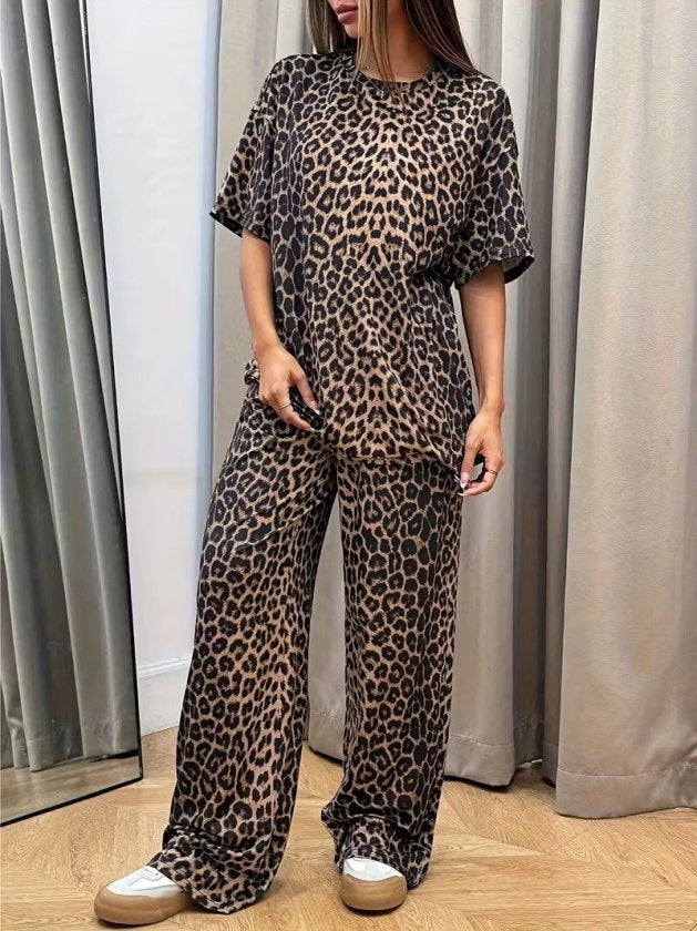 Kadın Kısa Kollu Bisiklet Yaka Iki Iplik Leopar Desenli Bluz Ve Pantolon Ikili Takım, 32798