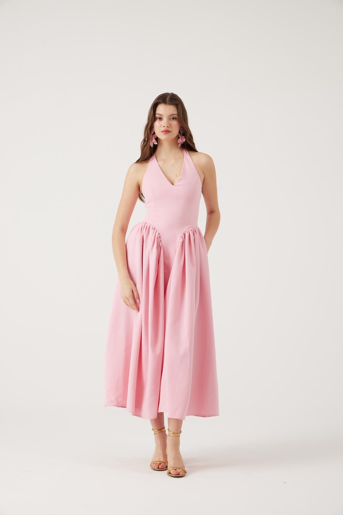 Boyundan Bağlamalı Bele Oturan Uzun Ophelia Elbise Pembe Pembe L