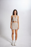 Neck-Tied Crop Striped Vest Beige
