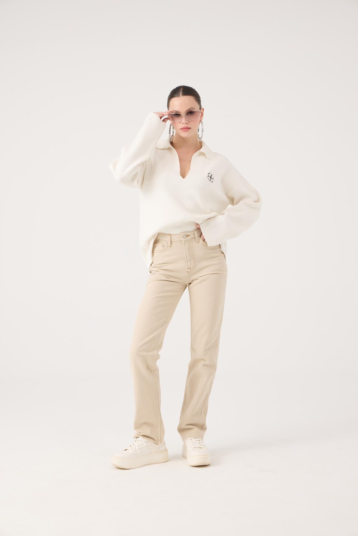 Yüksek Bel Straight Kesim Sagrado Jean Pantolon Bej