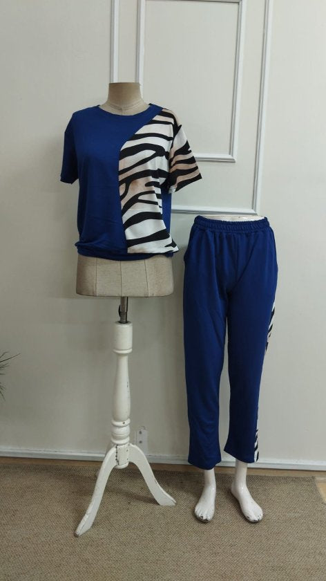 Kadın Kısa Kollu Bisiklet Yaka Zebra Desen Bluz Ve Pantolon Ikili Takım , 34968