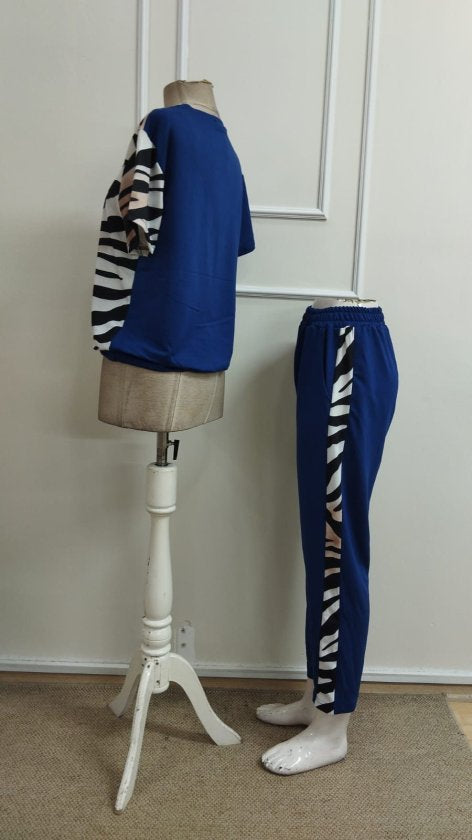 Kadın Kısa Kollu Bisiklet Yaka Zebra Desen Bluz Ve Pantolon Ikili Takım , 34968