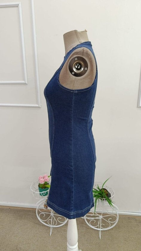 Kadın Omuzlardan Açık Bisiklet Yaka Kısa Kot Elbise, 35160