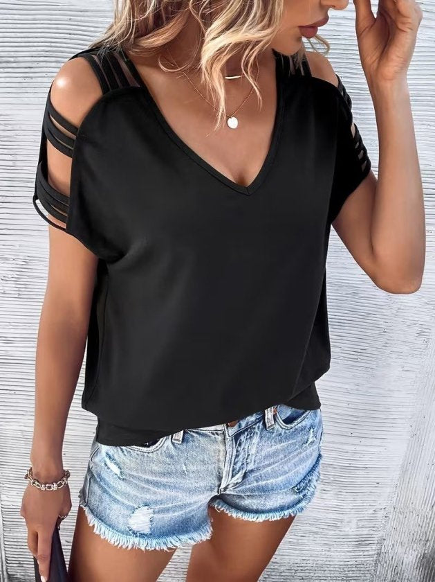 Kadın Kısa Kollu V Yakalı şerit Detaylı Viskon Bluz, 35215