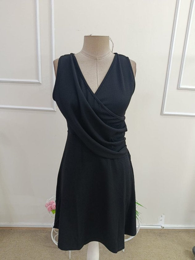 Kadın Askılı Kruvaze Yakalı önden Pile Detaylı Kısa Janjan Krep Elbise, 34363