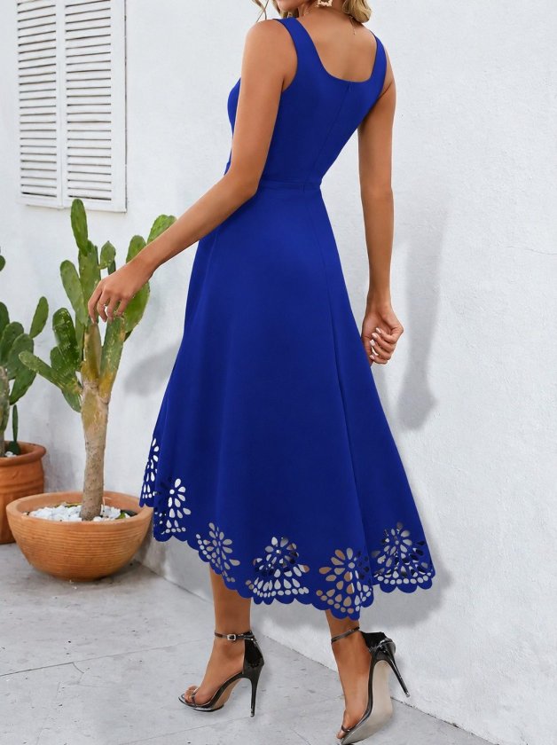 Kadın Askılı Geometrik Yaka çiçek Lazer Kesim Ithal Krep Elbise , 34576