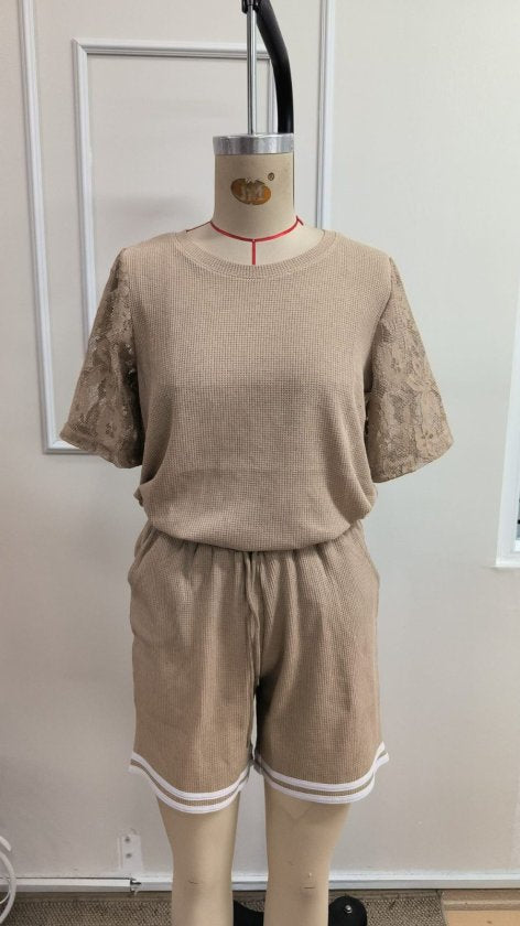 Kadın Kısa Kollu Bisiklet Yakalı Waffle Bluz Ve Short Ikili Takım, 34608