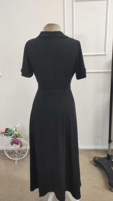 Kadın Kısa Kollu Kruvaze Yakalı Belden Kuşaklı Yırtmaçlı Midi Viskon Elbise , 34687