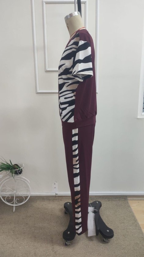Kadın Kısa Kollu Bisiklet Yaka Zebra Desen Bluz Ve Pantolon Ikili Takım , 34969