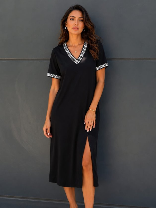 Women's Short-Sleeve V-Neck Slit Midi-Length Viscose Dress