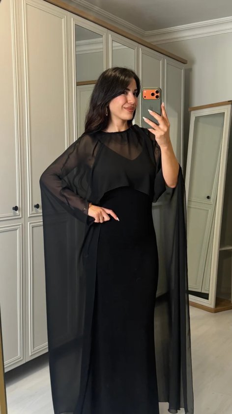 Kadın Transparan Pelerin Detay Askılı Maxi Boy Elbise