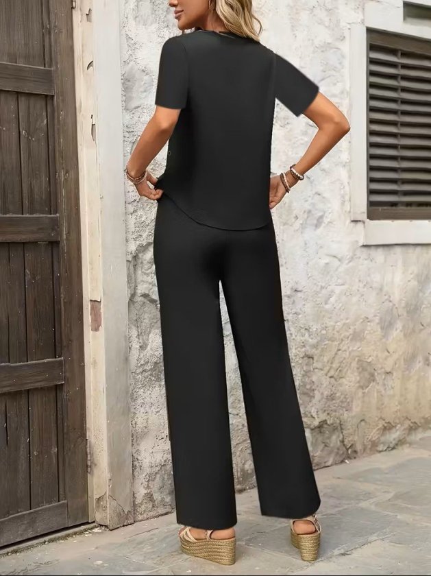 Kadın Kısa Kollu Kayık Yaka önü Asimetrik Detaylı Kısa Sandy Bluz Ve Pantolon Ikili Takım, 35307